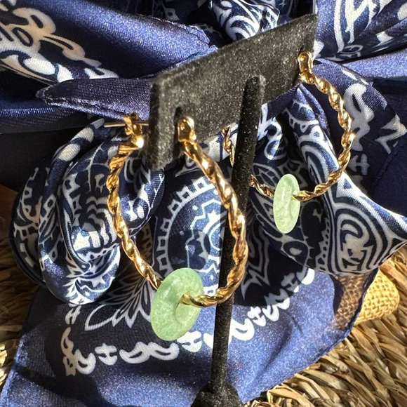 Luxury Aventurine charms gold statement hoops earrings colorful pastel - Picture 1 of 7